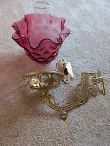 lot 431 image: Antique Ruby Red Glass Lamp Shade with Brass Wall Mount