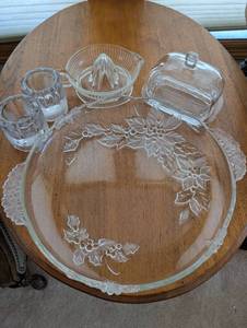 lot 461 image: Vintage Glassware Collection - Butter Dish, Juice Reamer, Candle Holders & Decorative Tray