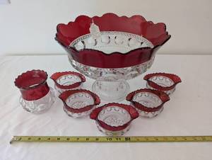 lot 480 image: Vintage Ruby Red and Clear Glass Punch Bowl Set with 6 Cups and Vase