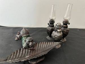 lot 604 image: Vintage Monkey Sculpture and Pair of Ornate Oil Lamps