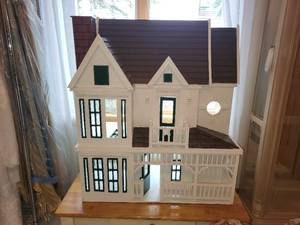 lot 17 image: Large Handmade Wooden Dollhouse with Accessories, Porch and Chimney