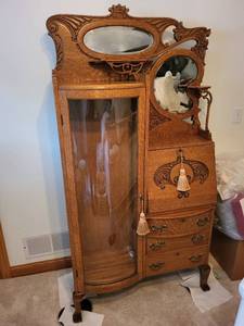 lot 22 image: Antique Oak Secretary Bookcase with Mirror and Glass Cabinet Door