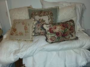 lot 331 image: Collection of Vintage Floral Tapestry Cushions and Luxurious White Bedspread Set
