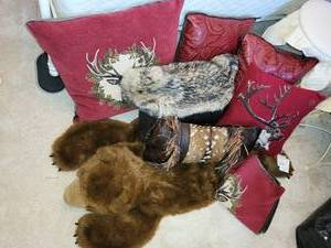 lot 339 image: Collection of Decorative Deer and Bear-Themed Pillows and Rug