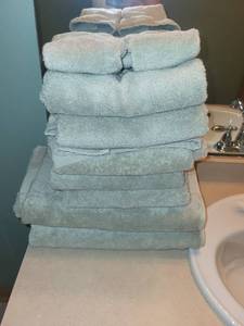 lot 351 image: Collection of Light Green Towels with Decorative Tissue Holder