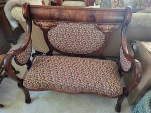 lot 367 image: Antique Victorian Loveseat with Floral Upholstery and Carved Details