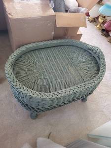 lot 368 image: Vintage Green Wicker Coffee Table with Weaved Design