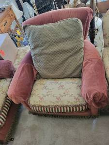 lot 373 image: Pair of Vintage Velvet Armchairs with Floral and Striped Cushions