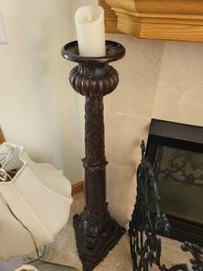 lot 378 image: Pair of Ornate Wooden Candle Holders with Candles