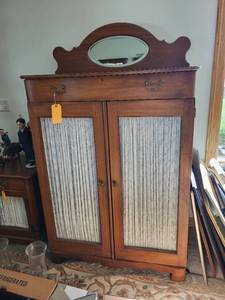lot 380 image: Antique Wooden Wardrobe with Mirror and Curtains