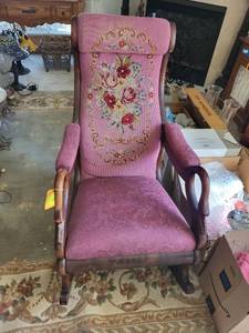 lot 27 image: Antique Pink Upholstered Wooden Rocking Chair with Floral Needlepoint Design