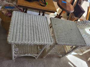lot 384 image: Pair of White Wicker End Tables with Shelf