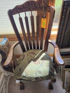 lot 387 image: Vintage Carved Oak Armchair with Floral Upholstery