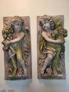 lot 486 image: Pair of Vintage Cherub Wall Plaques with Floral and Fruit Motifs