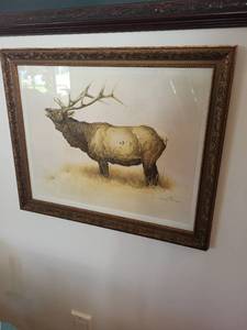 lot 488 image: Framed Wildlife Elk Print by Artist Signed Artwork