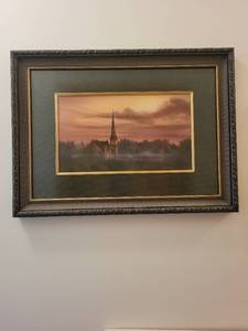 lot 493 image: Framed Artwork of a Church at Sunset