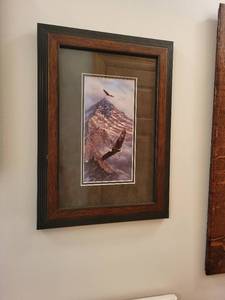 lot 494 image: Framed Artwork of Eagles Over Mountain Peak