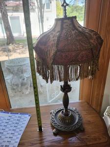 lot 512 image: Antique Victorian-Style Table Lamp with Embroidered Shade and Fringe