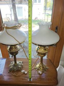 lot 521 image: Pair of Vintage Brass Hurricane Lamps with Milk Glass Shades
