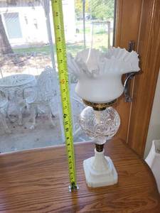 lot 525 image: Vintage Milk Glass Hurricane Lamp with Brass Accents