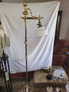 lot 529 image: Antique Brass Floor Lamp with White Glass Shade