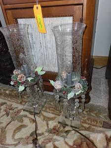 lot 537 image: Pair of Vintage Etched Glass Hurricane Candle Holders with Holiday Decorations