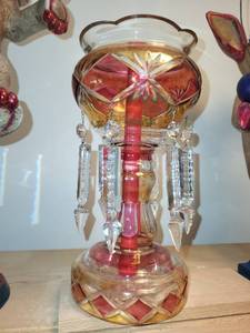lot 583 image: Antique Bohemian Style Glass Crystal Vase with Cut Glass Prisms