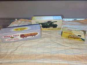 lot 109 image: Set of 3 Vintage Dinky Toys Missile Launcher, Diesel Wagon, Caravan