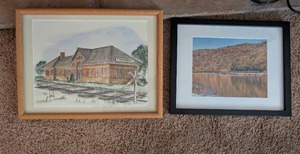 lot 181 image: Living room  - Pair of Framed Artworks - Vintage Railroad Station and Autumn Lake Scene