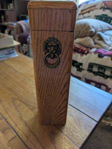 lot 191 image: Vintage Wooden Matchbox Block Container with Lion Head Decor