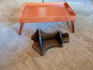 lot 192 image: Wooden Bed Tray with Foldable Legs and Vintage Corner Wall Rack