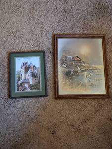 lot 213 image: Set of 2 Framed Artwork Pieces with Landscape and Castle Themes