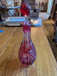 lot 214 image: Vintage Ruby Red Cut Glass Decanter with Stopper