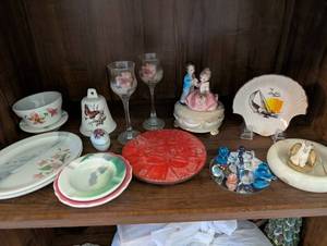 lot 218 image: Vintage Decor Collection with Porcelain Figurine, Glassware, and Plates