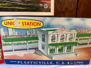 lot 285 image: Vintage Plasticville U.S.A. Train Station, Shade Trees and Autumn Tree Assortment