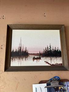 lot 334 image: Framed Signed Landscape Painting of Canoe in Forest