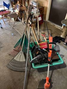 lot 351 image: Assorted Lawn Care and Garden Tool Collection with Wheelbarrow