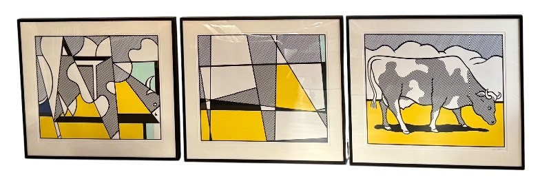 lot 4 image: LR - ROY LICHTENSTEIN Cow Triptych (Cow Going Abstract)  Roy Lichtenstein Cow Triptych Hand Signed Lithograph Framed Set