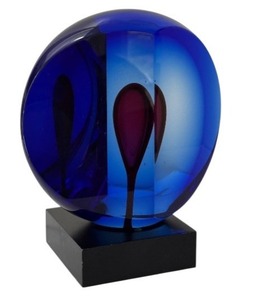 lot 27A image: Signed Svobodad Czech Blue Oval Art Glass Sculpture with Stand