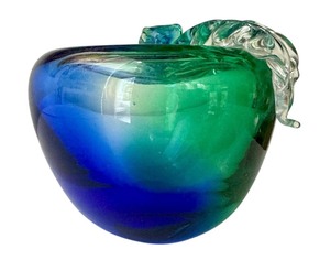 lot 75A image: Signed Murano Glass Apple Paperweight with Green and Blue Swirls