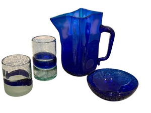 lot 30 image: Hand Blown Blue Glass Pitcher with 2 Tumblers and Bowl Set