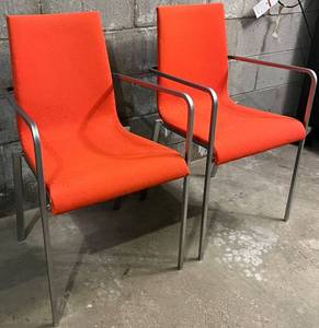 lot 76N image: G - Pair of Ligne Roset Orange Fabric Armchairs with Metal Frames