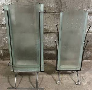 lot 80N image: G - Pair of Modern Frosted Glass and Metal Planters