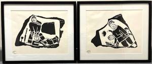 lot 105N image: LL - Framed Pair of Davidialuk Povungnituk Prints - Legend (1963) and Legend of a Giant (1964)