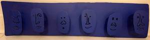 lot 150N image: LL - Blue Wall Art Panel Wall Hooks with 6 Abstract Face Designs, 7.5 x 31 Inches