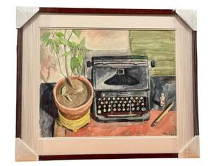 lot 38DF image: LLO - Framed Original Watercolor by Christopher Foote Typewriter Plant Still Life