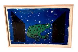 lot 38X image: UL - Framed Frog Original Artwork by Jon Neuse on Blue Night Sky Background
