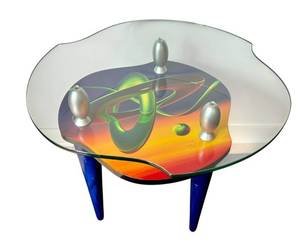 lot 67 image: UPLR - Sama Artisan Post Modern Hand Painted End Table with Sculpted Glass Top
