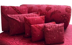 lot 86 image: LR - Set of 5 Decorative Red Accent Pillows with Large Bolster