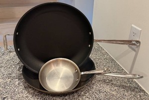 lot 89 image: K - All-Clad 3-Piece Skillet Set 14 Inch and 7.5 Inch Stainless and Nonstick